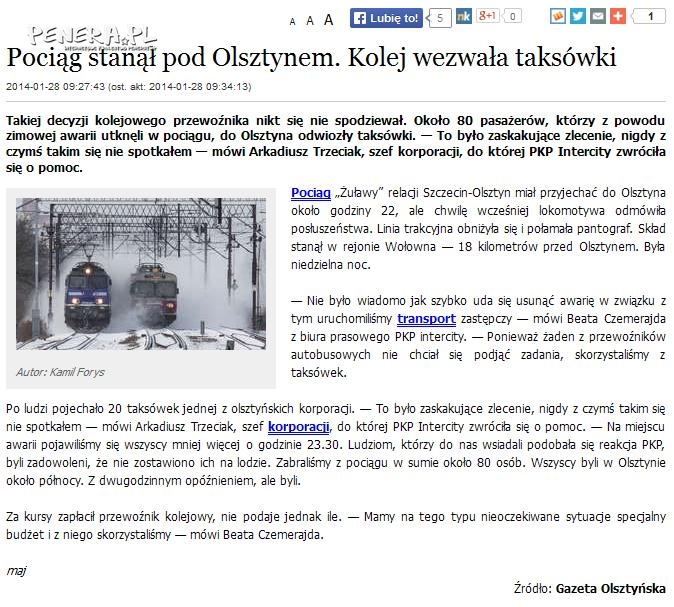 Pociąg stanął pod Olsztynem PKP zamawia taksówki