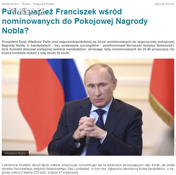 Putin nominowany do pokojowej nagrody Nobla