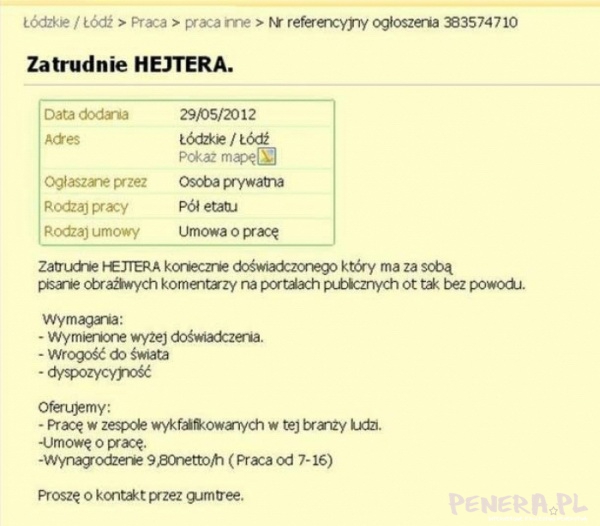 Teraz można już nawet pracować jako HEJTER